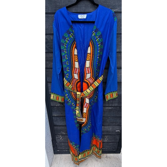 Dashiki Pride Dresses & Skirts - Dashiki Pride Blue African Print Maxi Robe Duster with Waist Tie Belt One Size